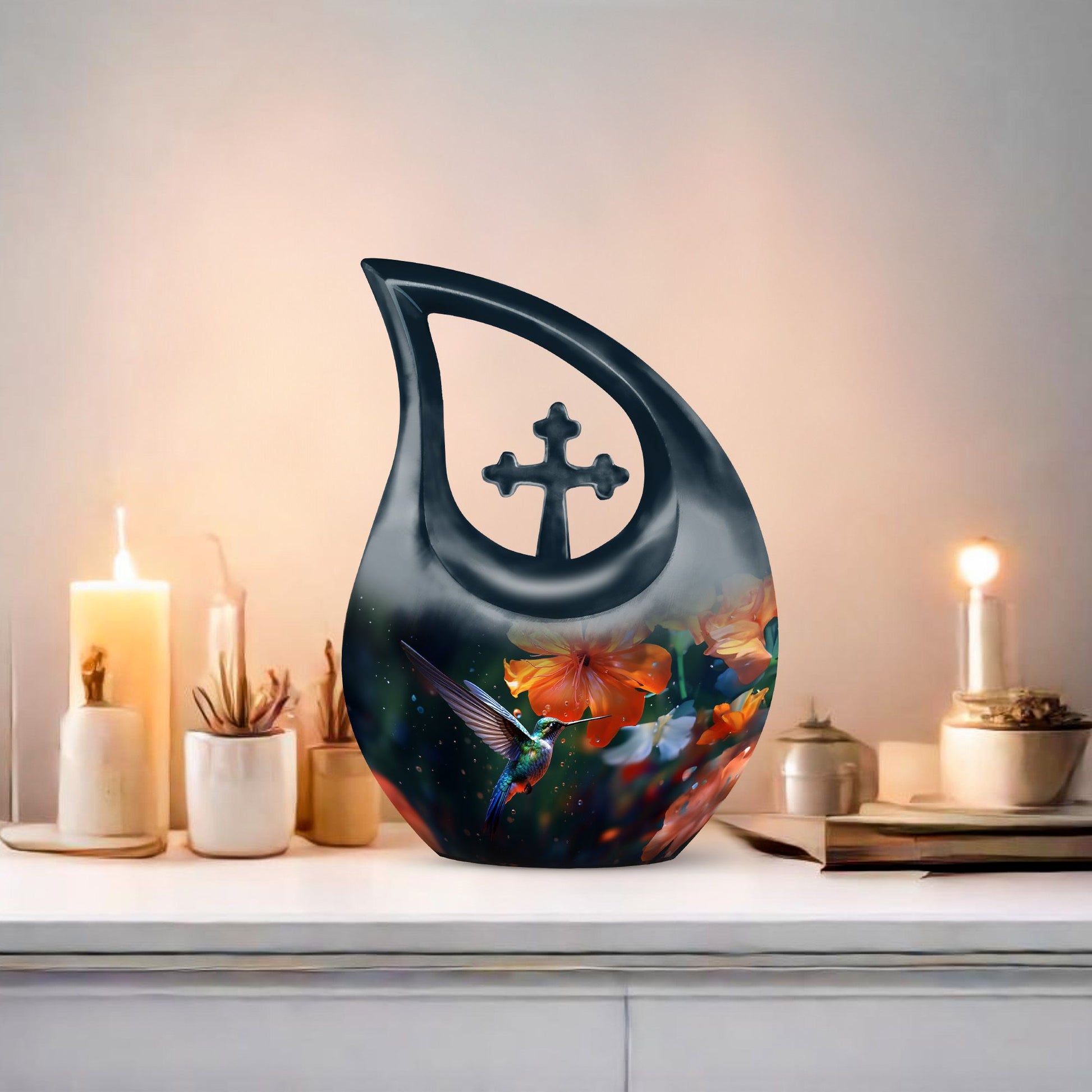 10-inch Humming Birds Urn with Cross Drop design from Aluminium