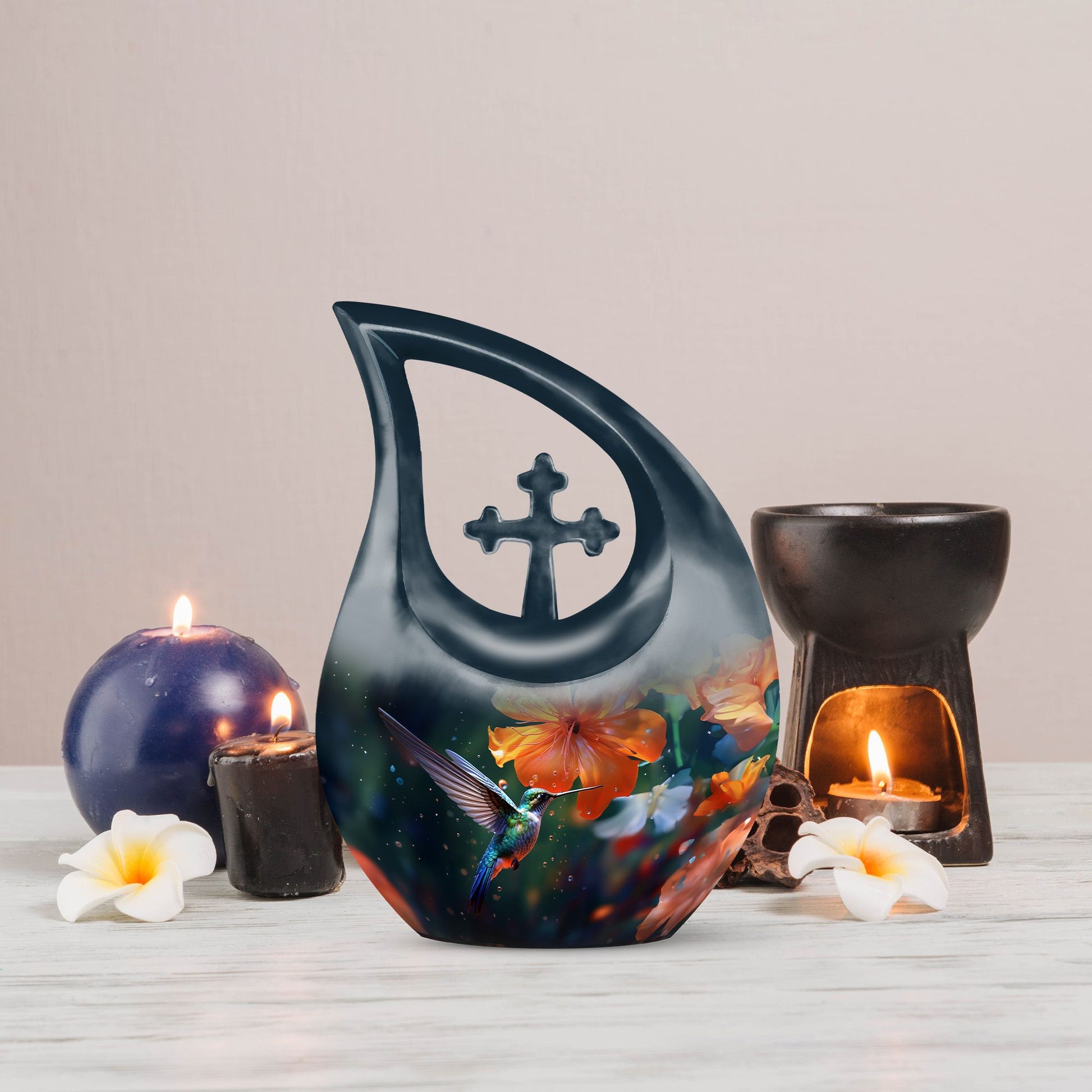 10-inch Humming Birds Urn with Cross Drop design from Aluminium