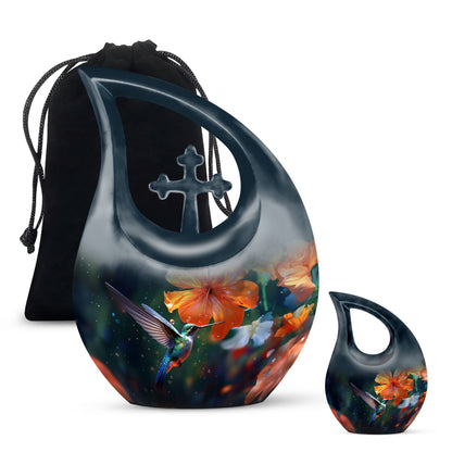 10-inch Humming Birds Urn with Cross Drop design from Aluminium