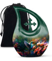 Small Humming Birds urn with Cross Drop design, ideal for memorial ashes