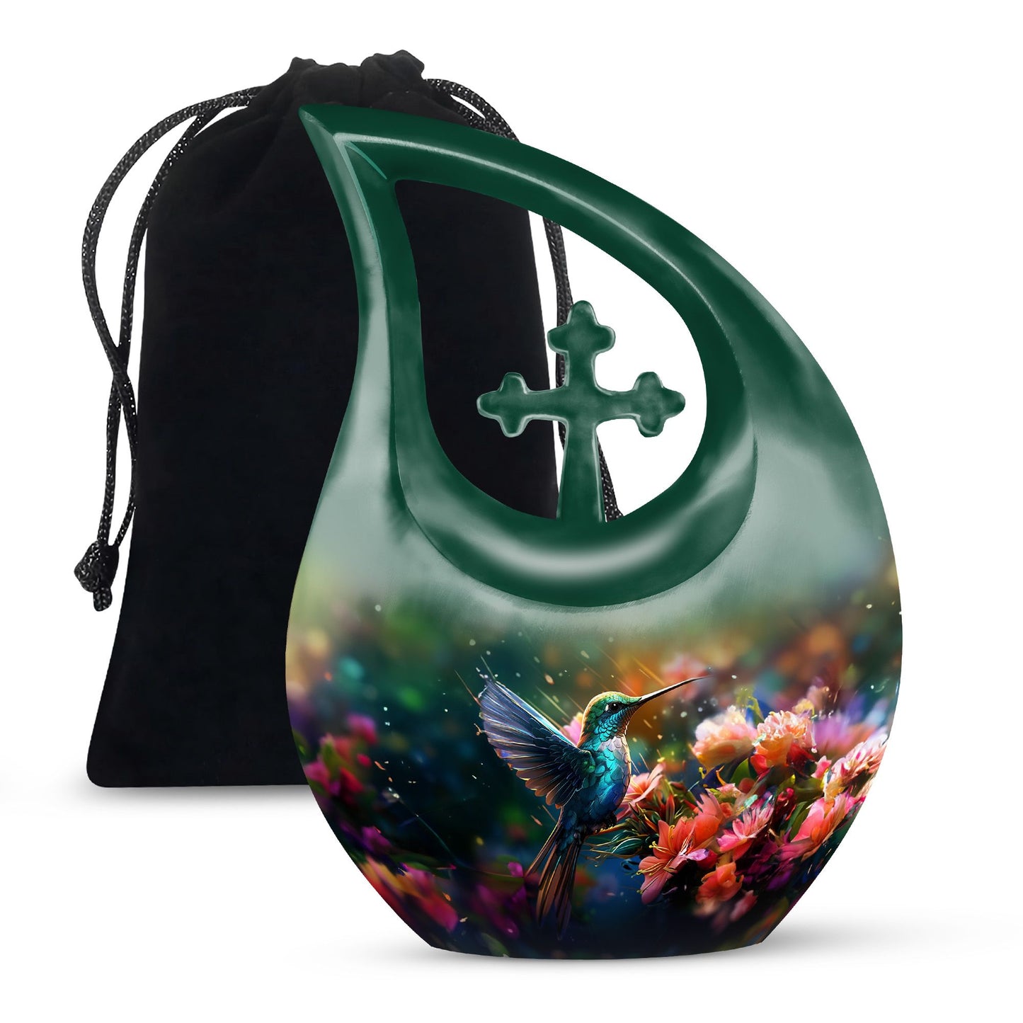 Small Humming Birds urn with Cross Drop design, ideal for memorial ashes