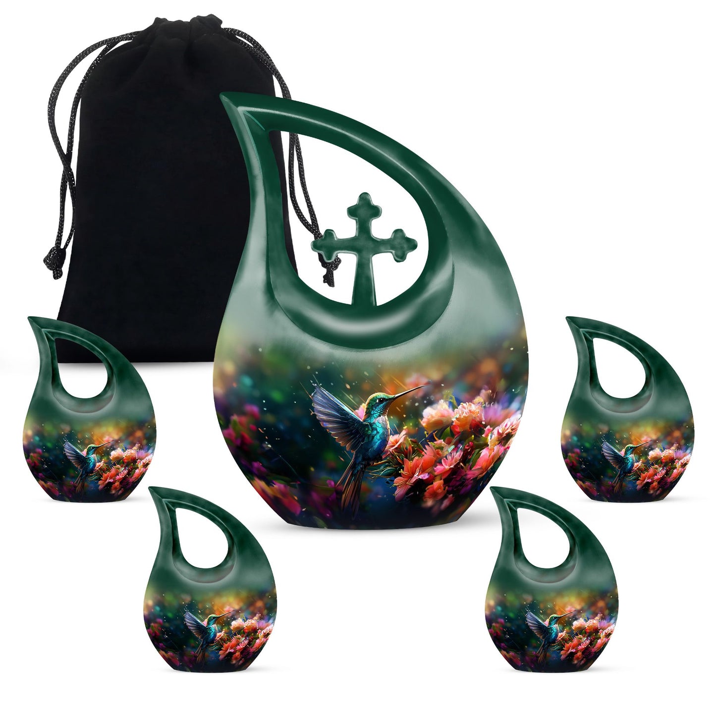 Small Humming Birds urn with Cross Drop design, ideal for memorial ashes