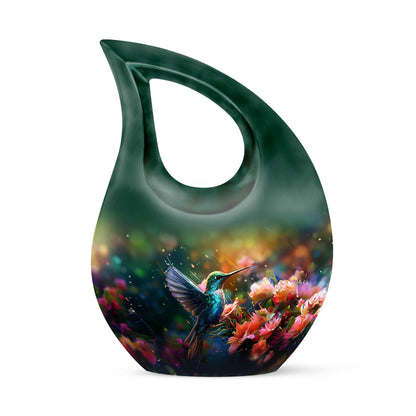 Small Humming Birds urn with Cross Drop design, ideal for memorial ashes