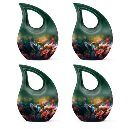 Small Humming Birds urn with Cross Drop design, ideal for memorial ashes