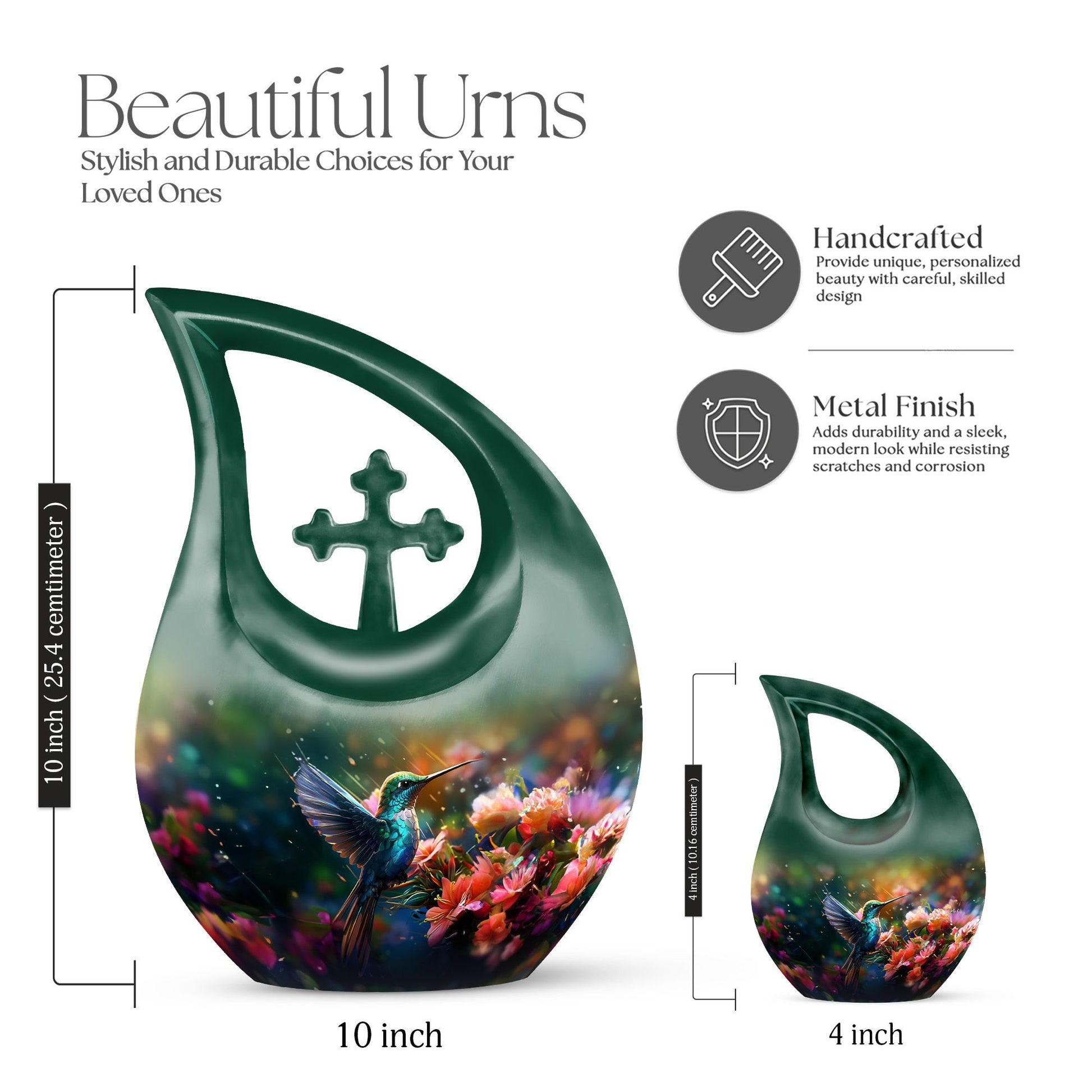 Small Humming Birds urn with Cross Drop design, ideal for memorial ashes