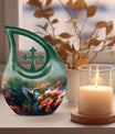 Small Humming Birds urn with Cross Drop design, ideal for memorial ashes