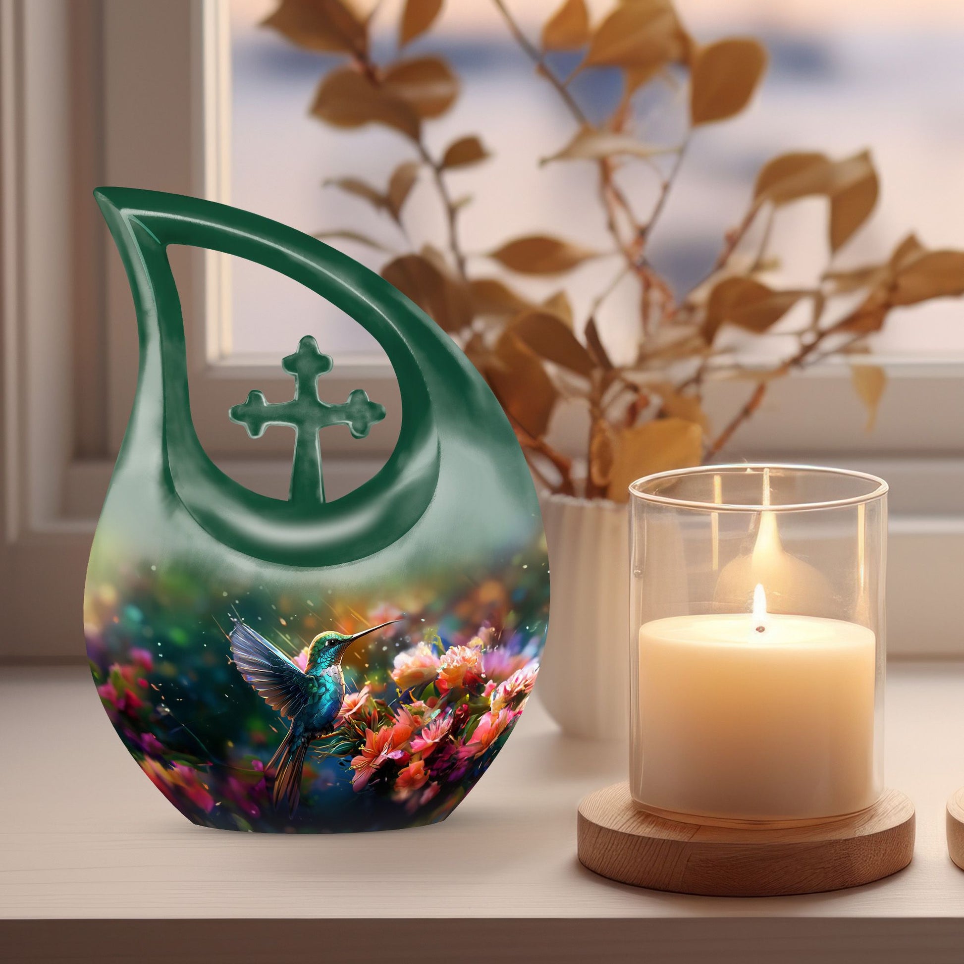 Small Humming Birds urn with Cross Drop design, ideal for memorial ashes