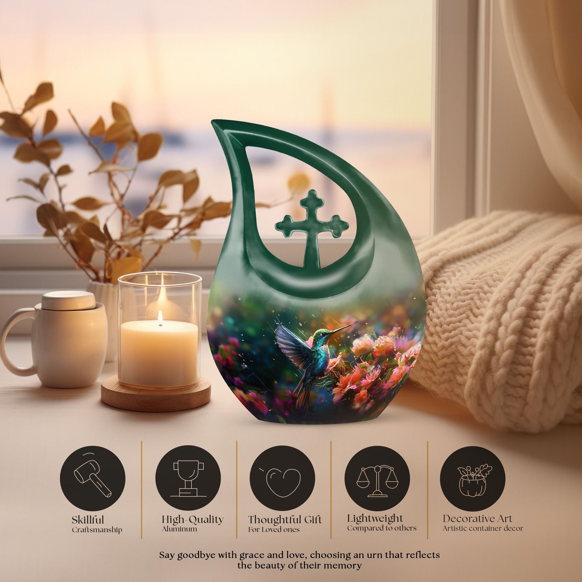 Small Humming Birds urn with Cross Drop design, ideal for memorial ashes