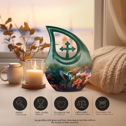 Small Humming Birds urn with Cross Drop design, ideal for memorial ashes