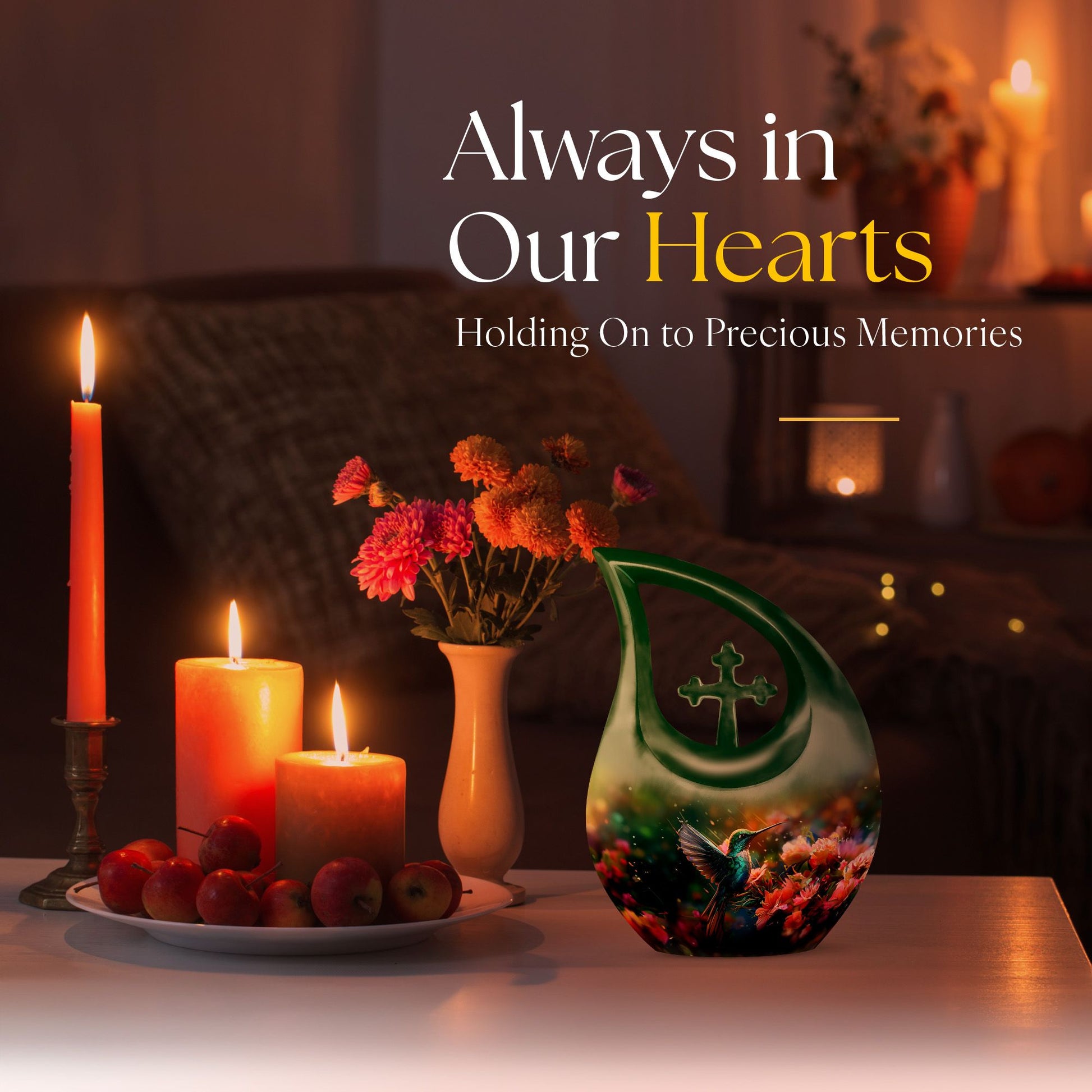Small Humming Birds urn with Cross Drop design, ideal for memorial ashes