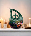 Small Humming Birds urn with Cross Drop design, ideal for memorial ashes