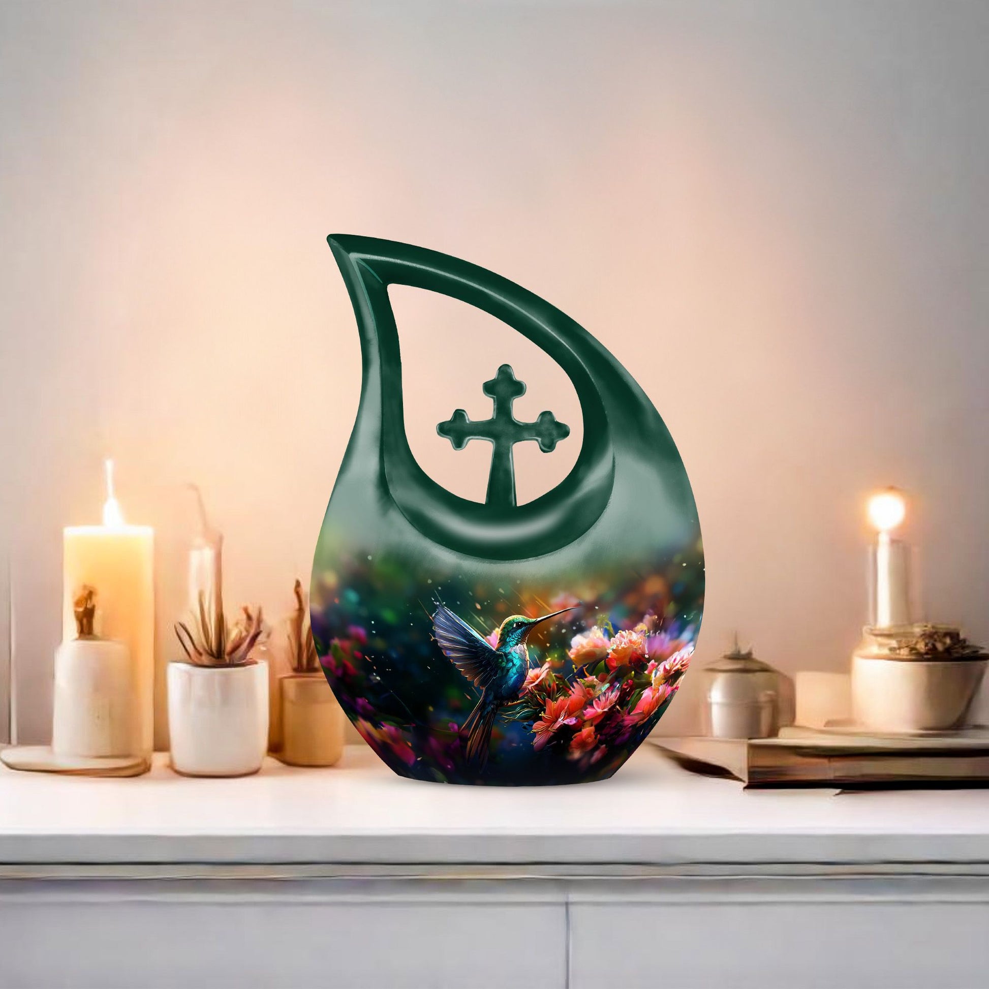 Small Humming Birds urn with Cross Drop design, ideal for memorial ashes