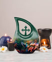 Small Humming Birds urn with Cross Drop design, ideal for memorial ashes