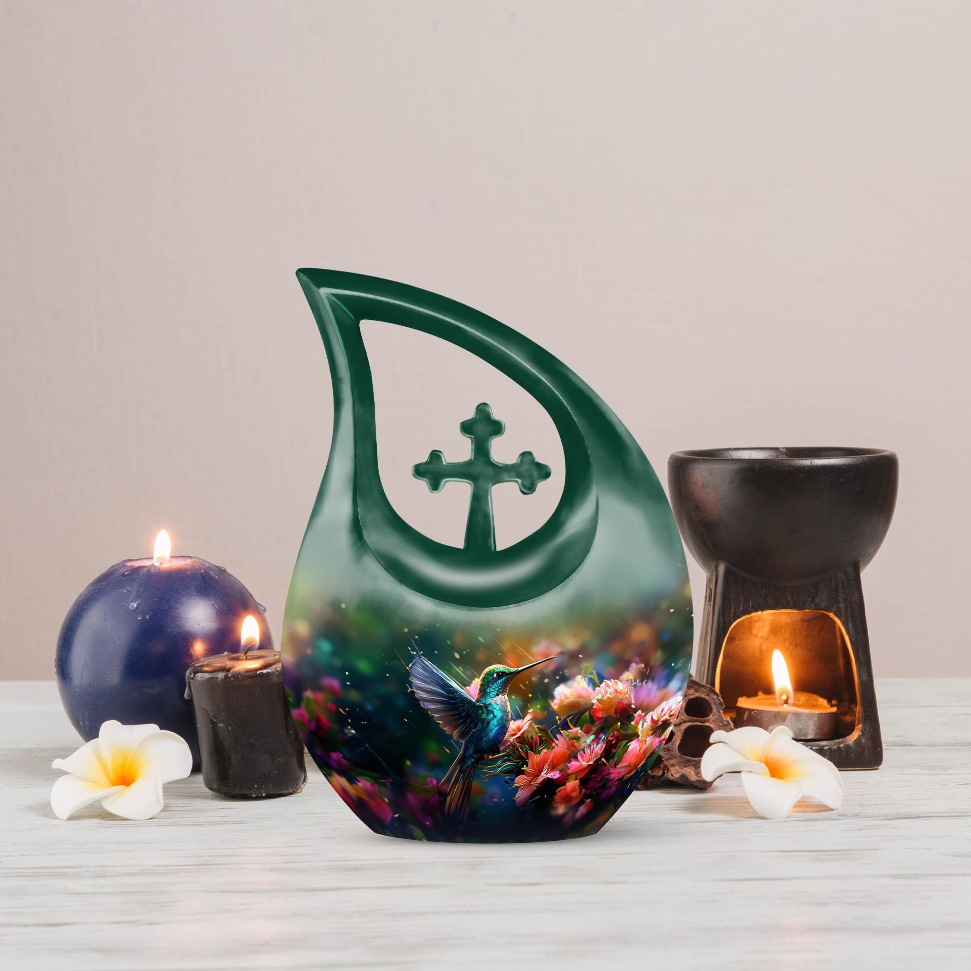 Small Humming Birds urn with Cross Drop design, ideal for memorial ashes