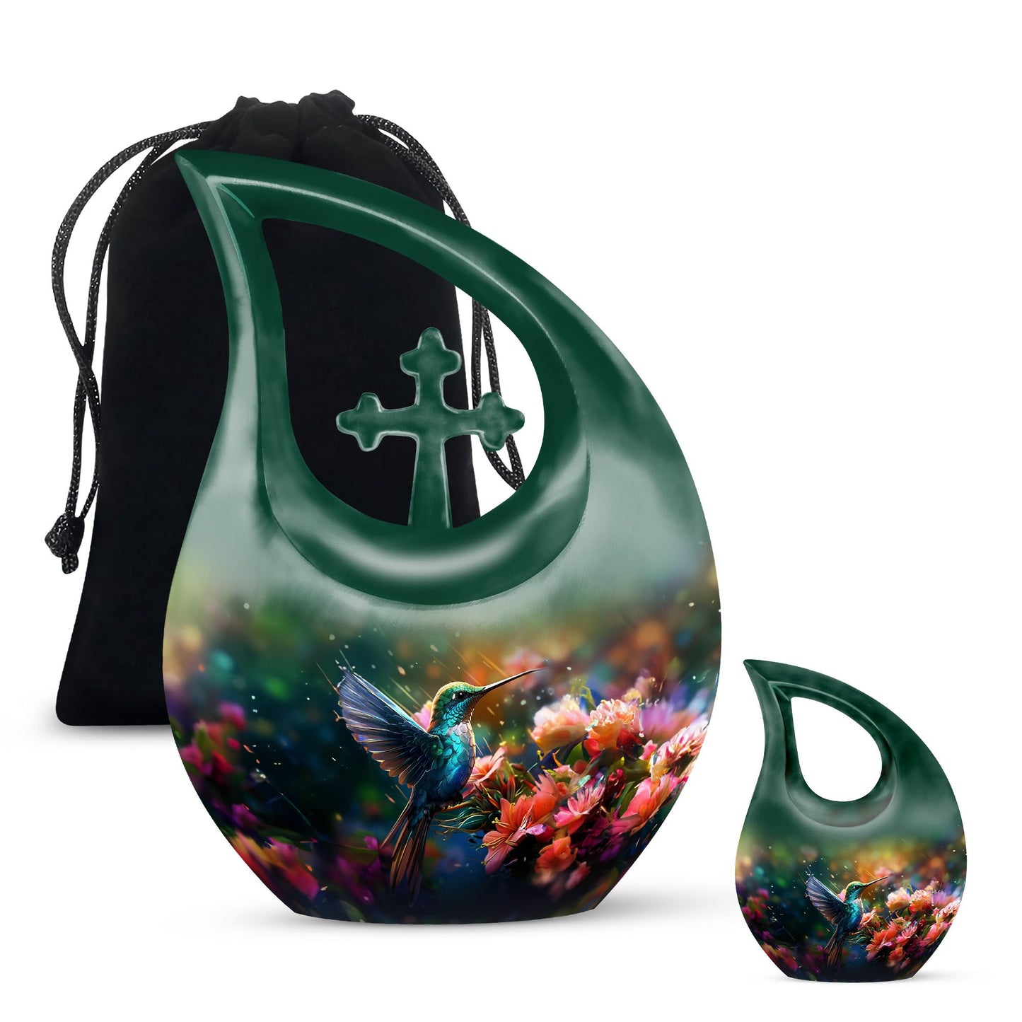 Small Humming Birds urn with Cross Drop design, ideal for memorial ashes
