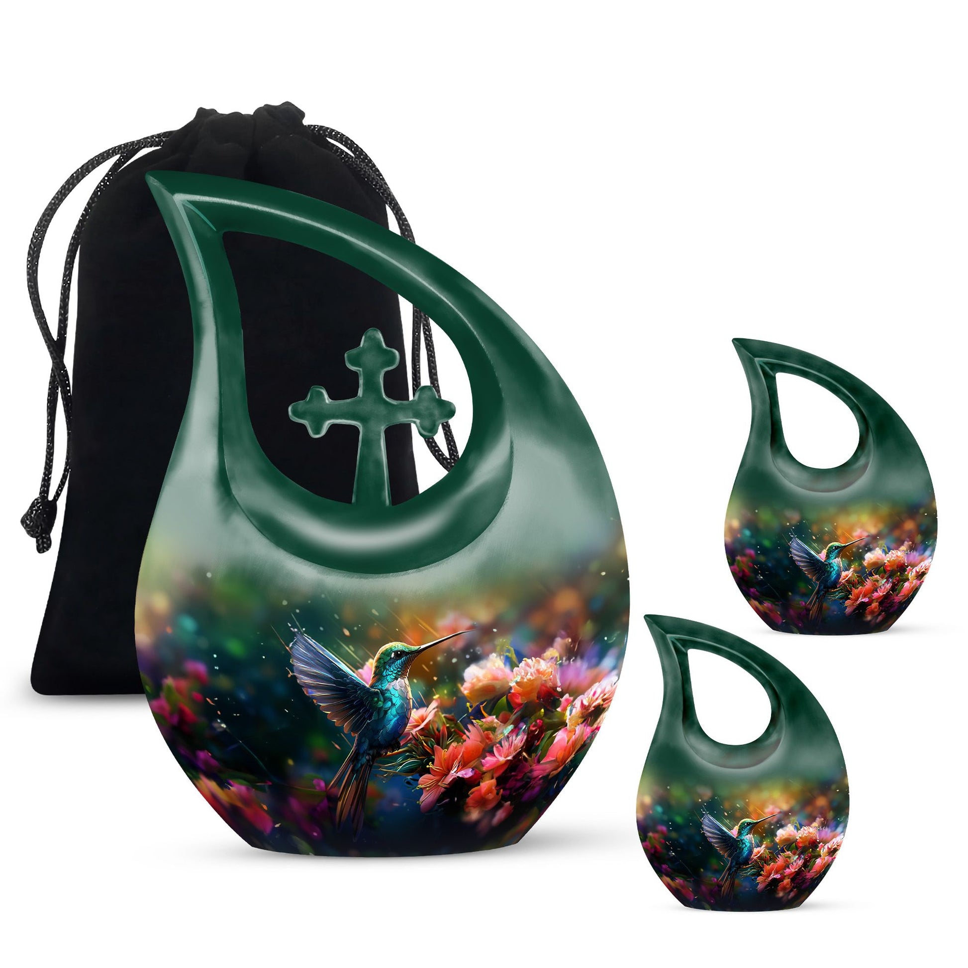 Small Humming Birds urn with Cross Drop design, ideal for memorial ashes