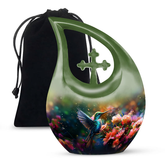 Large 10-inch Humming Birds Urn with Cross Drop design for ashes