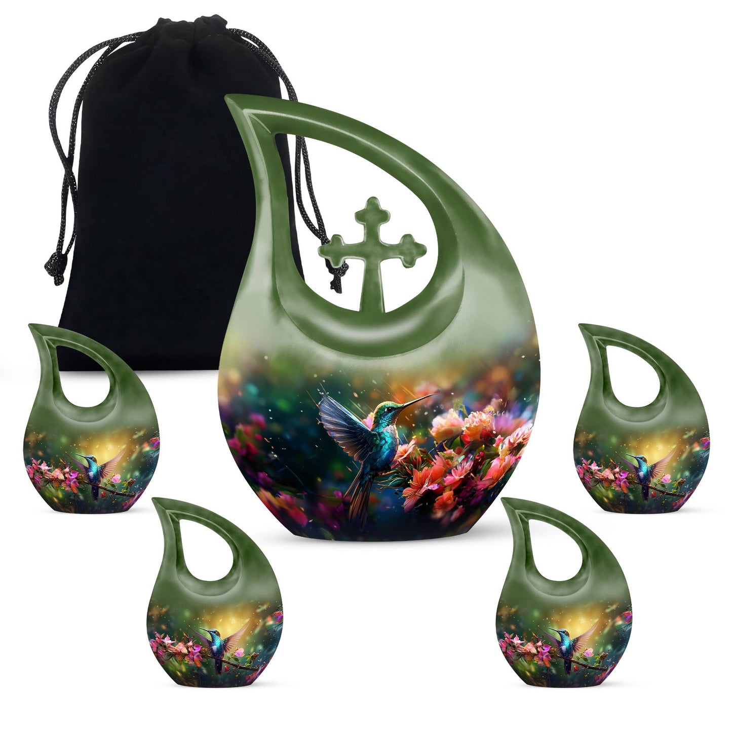 Large 10-inch Humming Birds Urn with Cross Drop design for ashes