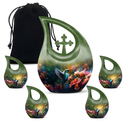 Large 10-inch Humming Birds Urn with Cross Drop design for ashes