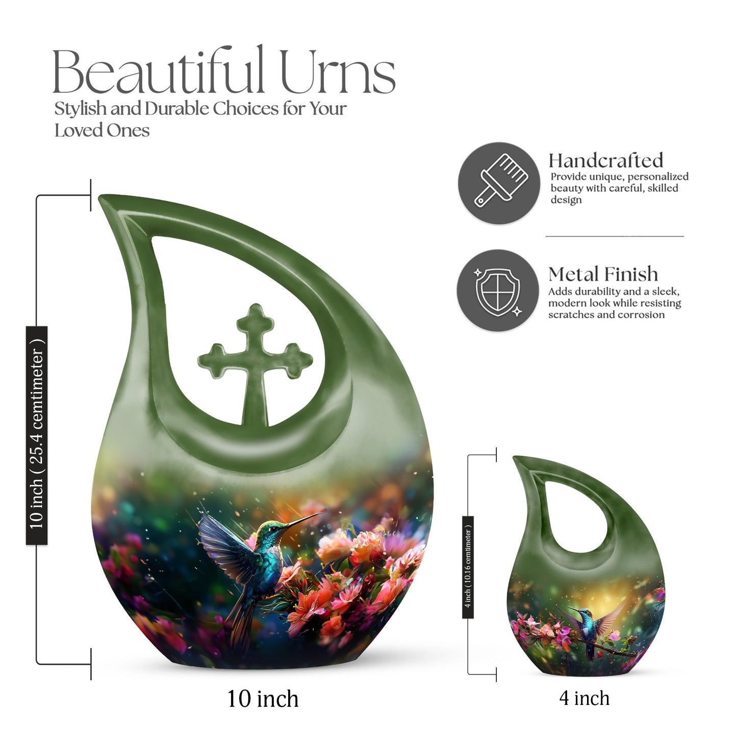 Large 10-inch Humming Birds Urn with Cross Drop design for ashes