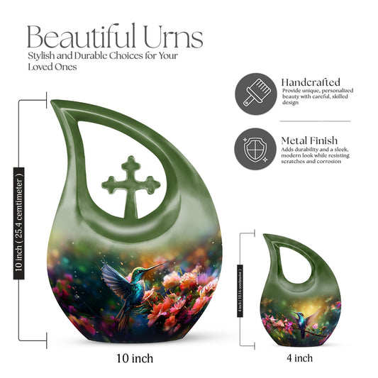Large 10-inch Humming Birds Urn with Cross Drop design for ashes