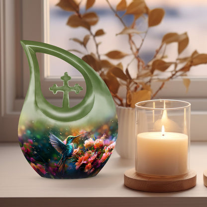 Large 10-inch Humming Birds Urn with Cross Drop design for ashes