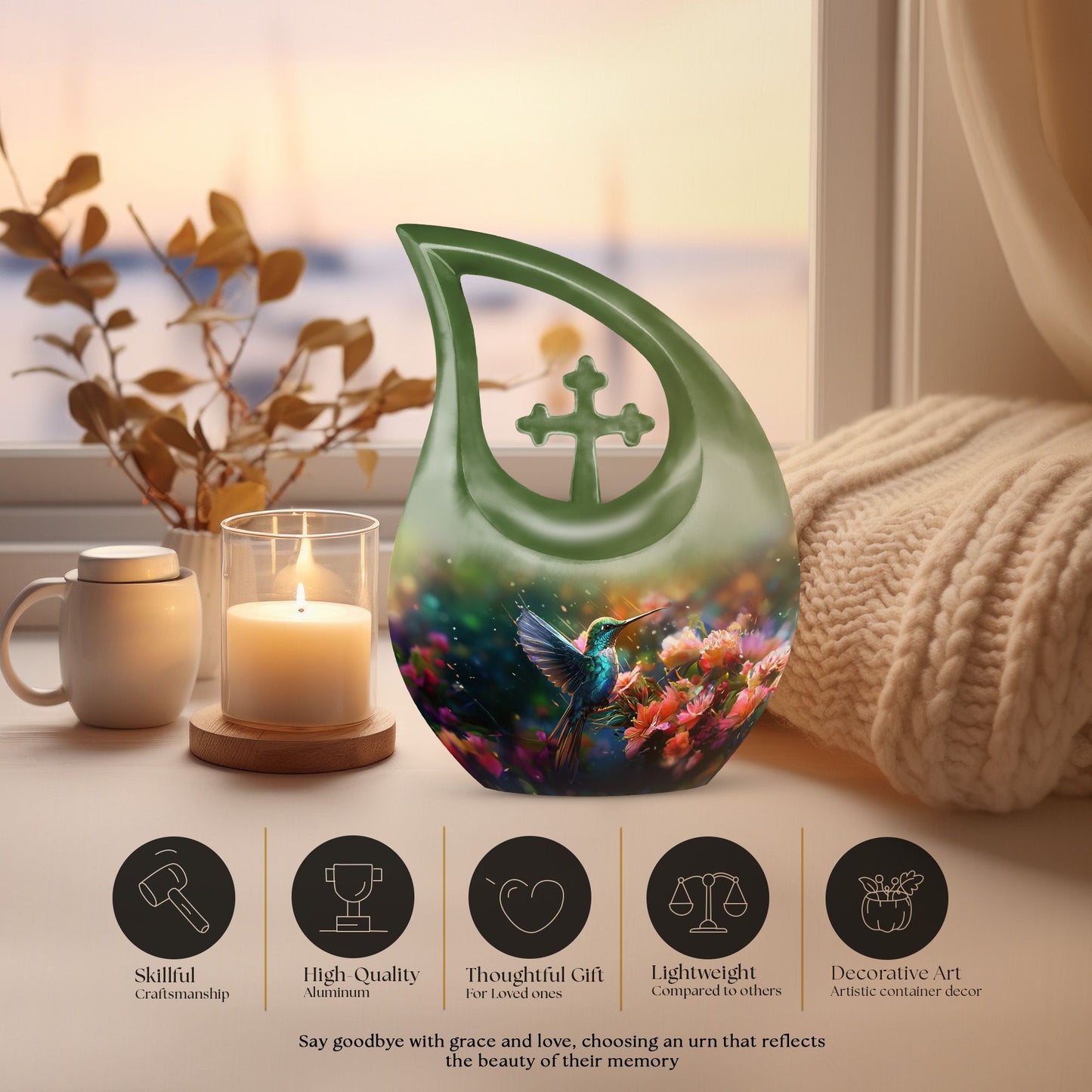 Large 10-inch Humming Birds Urn with Cross Drop design for ashes