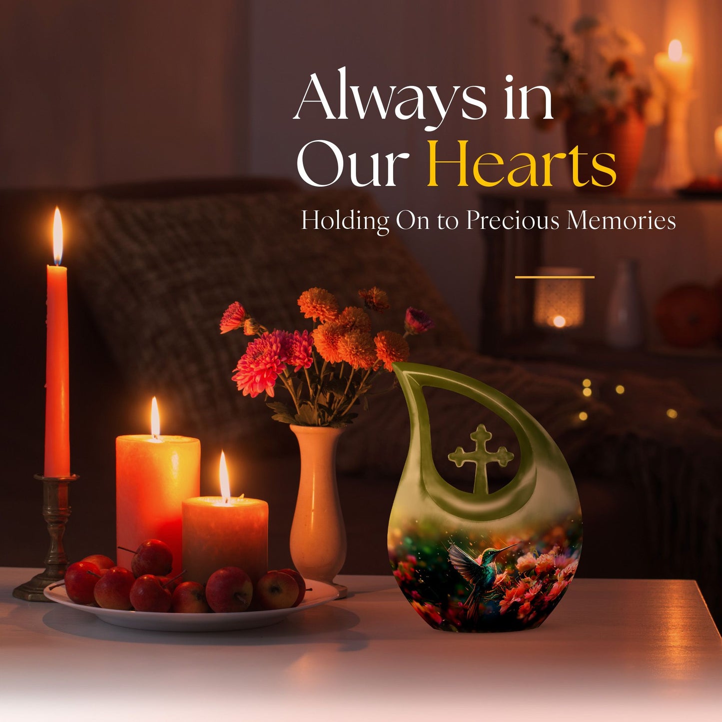 Large 10-inch Humming Birds Urn with Cross Drop design for ashes