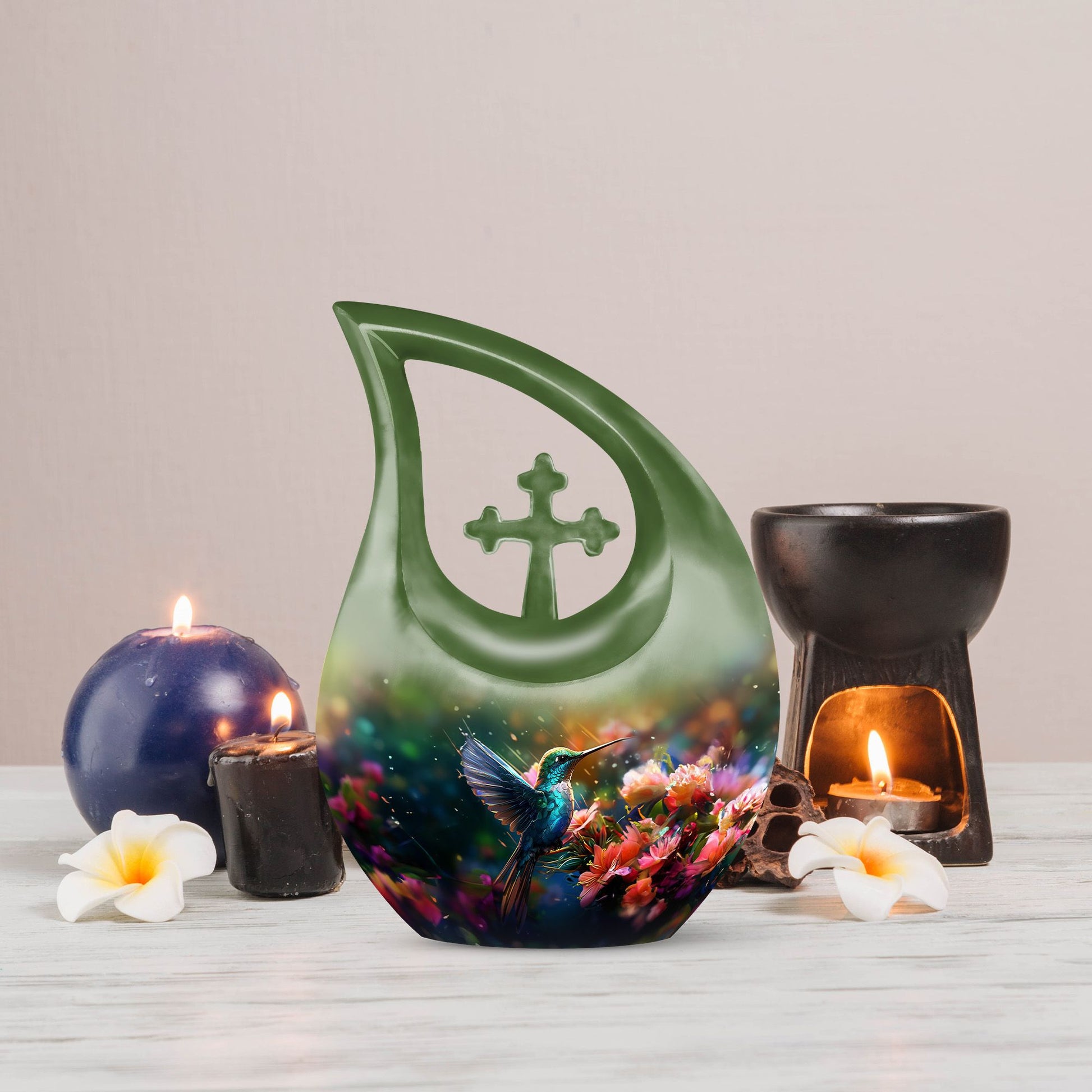 Large 10-inch Humming Birds Urn with Cross Drop design for ashes