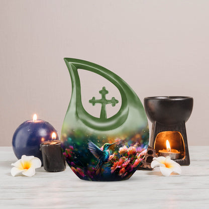 Large 10-inch Humming Birds Urn with Cross Drop design for ashes