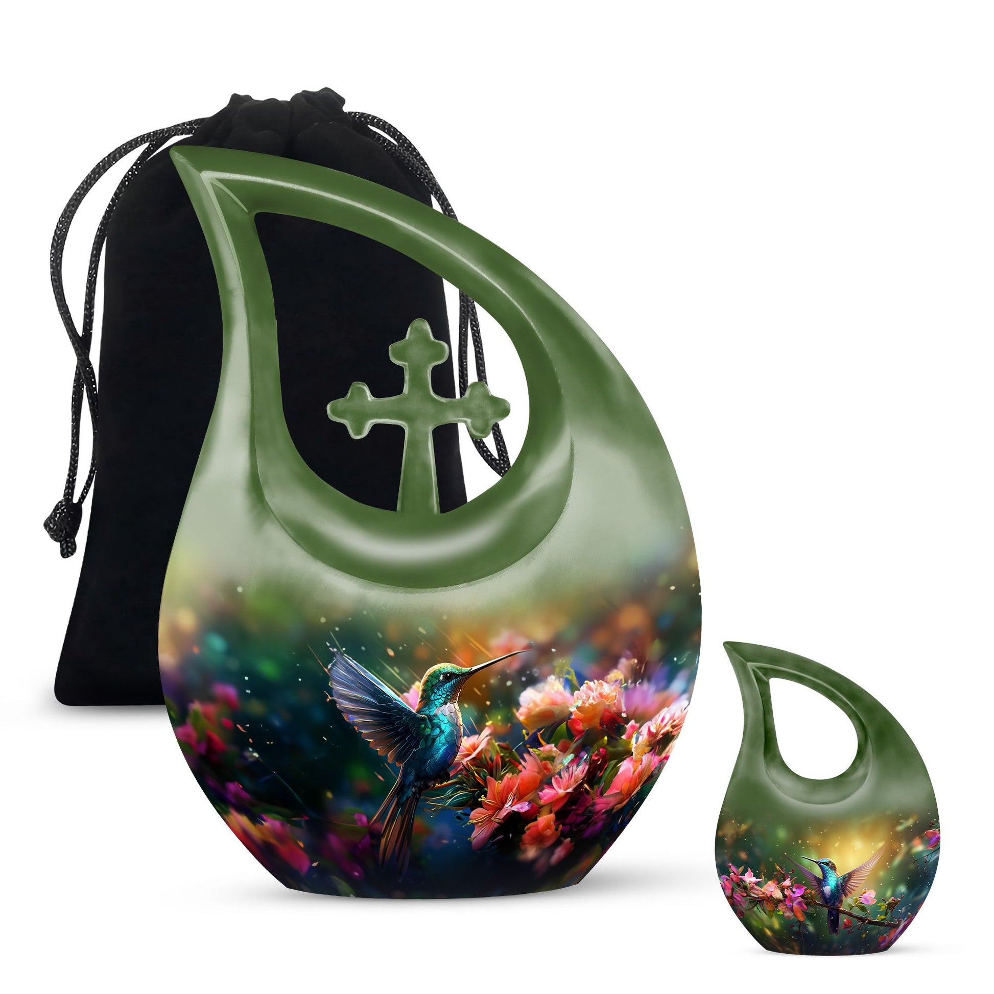 Large 10-inch Humming Birds Urn with Cross Drop design for ashes