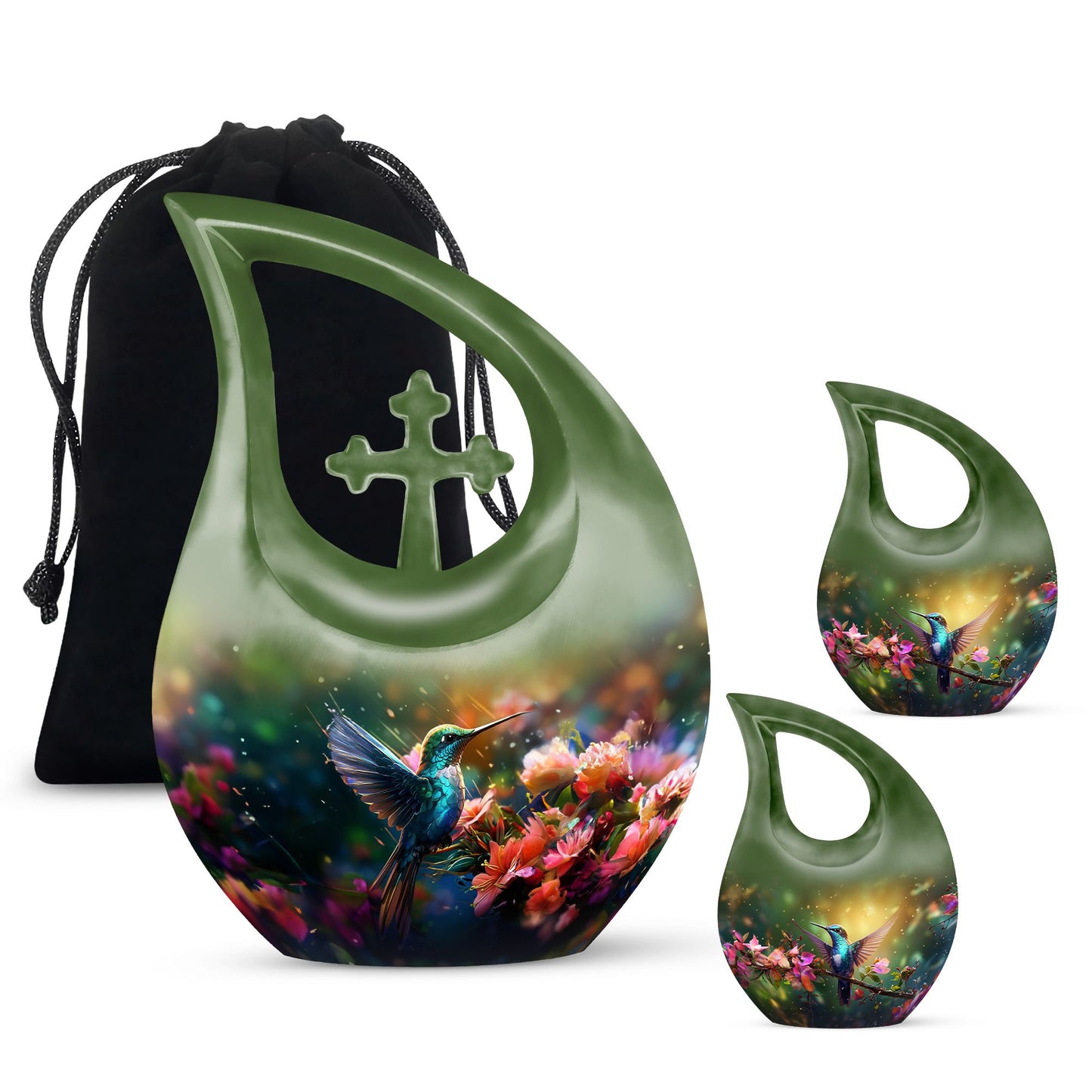 Large 10-inch Humming Birds Urn with Cross Drop design for ashes