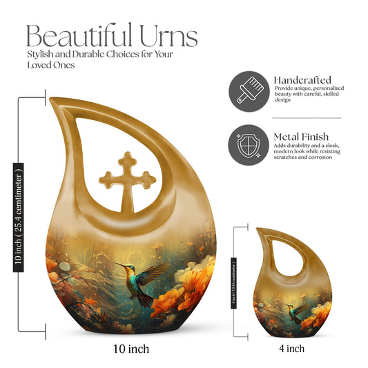Humming Birds themed Cross Drop Design Memorial Urn, with option for engraving names