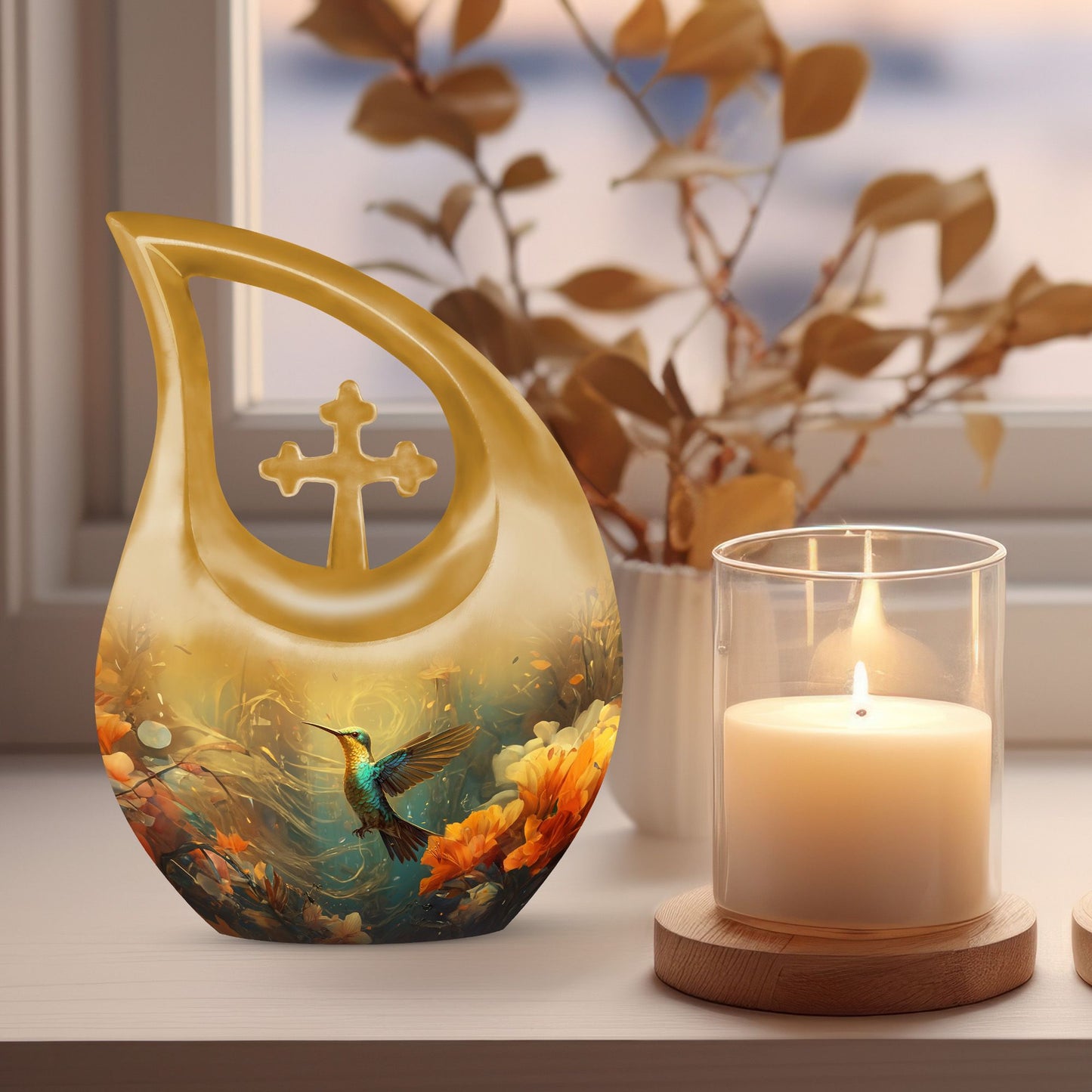 Humming Birds themed Cross Drop Design Memorial Urn, with option for engraving names