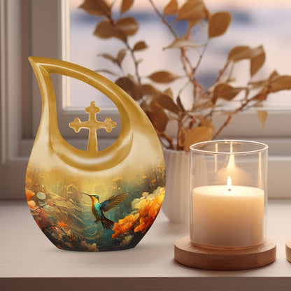 Humming Birds themed Cross Drop Design Memorial Urn, with option for engraving names