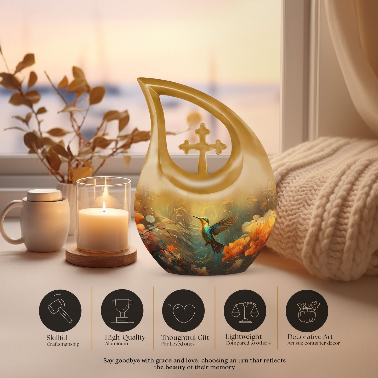 Humming Birds themed Cross Drop Design Memorial Urn, with option for engraving names