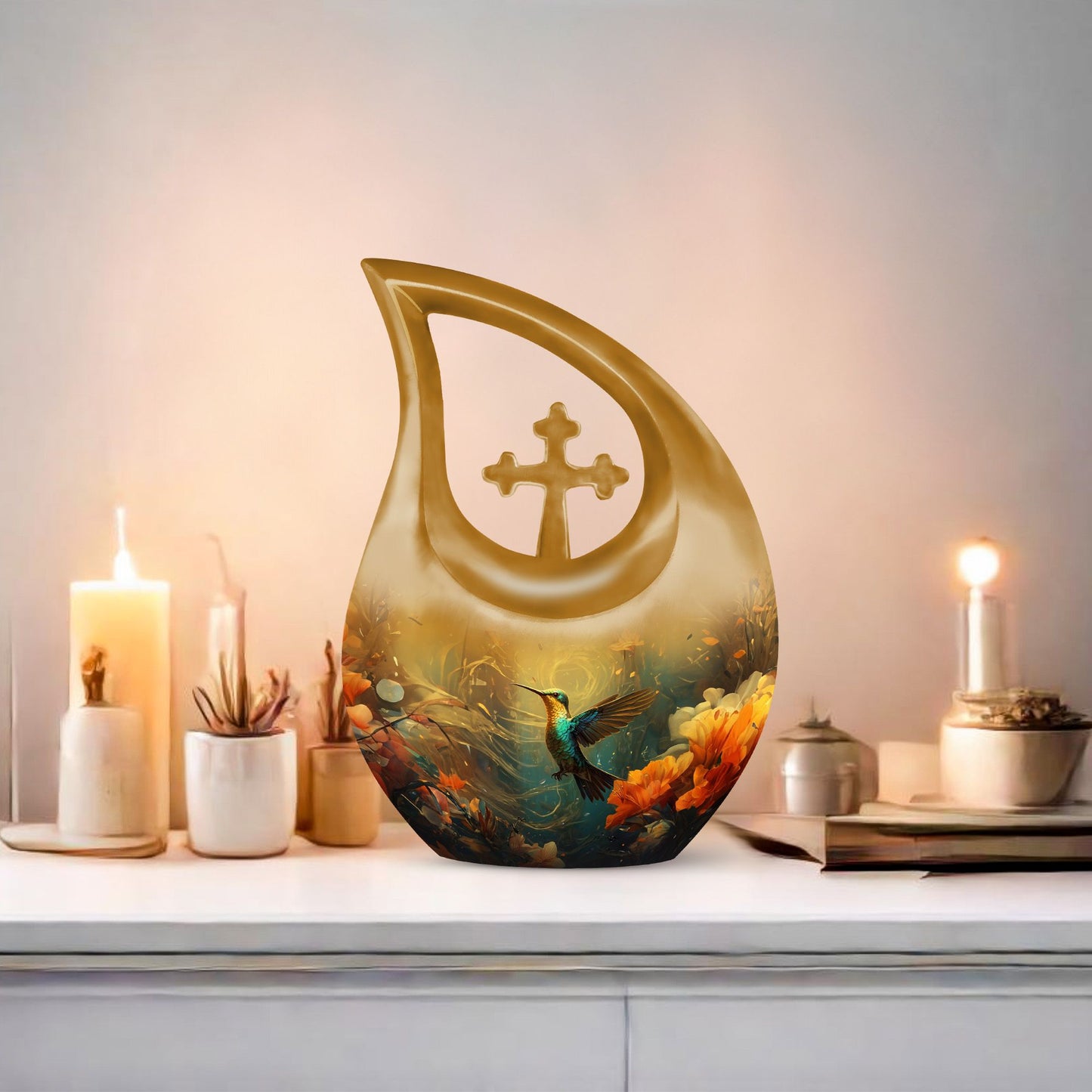 Humming Birds themed Cross Drop Design Memorial Urn, with option for engraving names