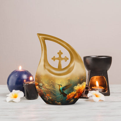 Humming Birds themed Cross Drop Design Memorial Urn, with option for engraving names