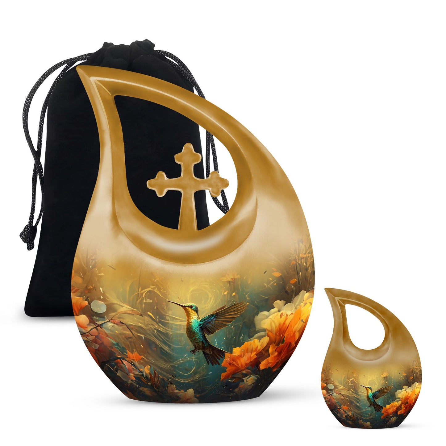 Humming Birds themed Cross Drop Design Memorial Urn, with option for engraving names