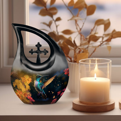 10-inch Humming Birds Double Urn with Cross Drop design, suitable for outdoor use