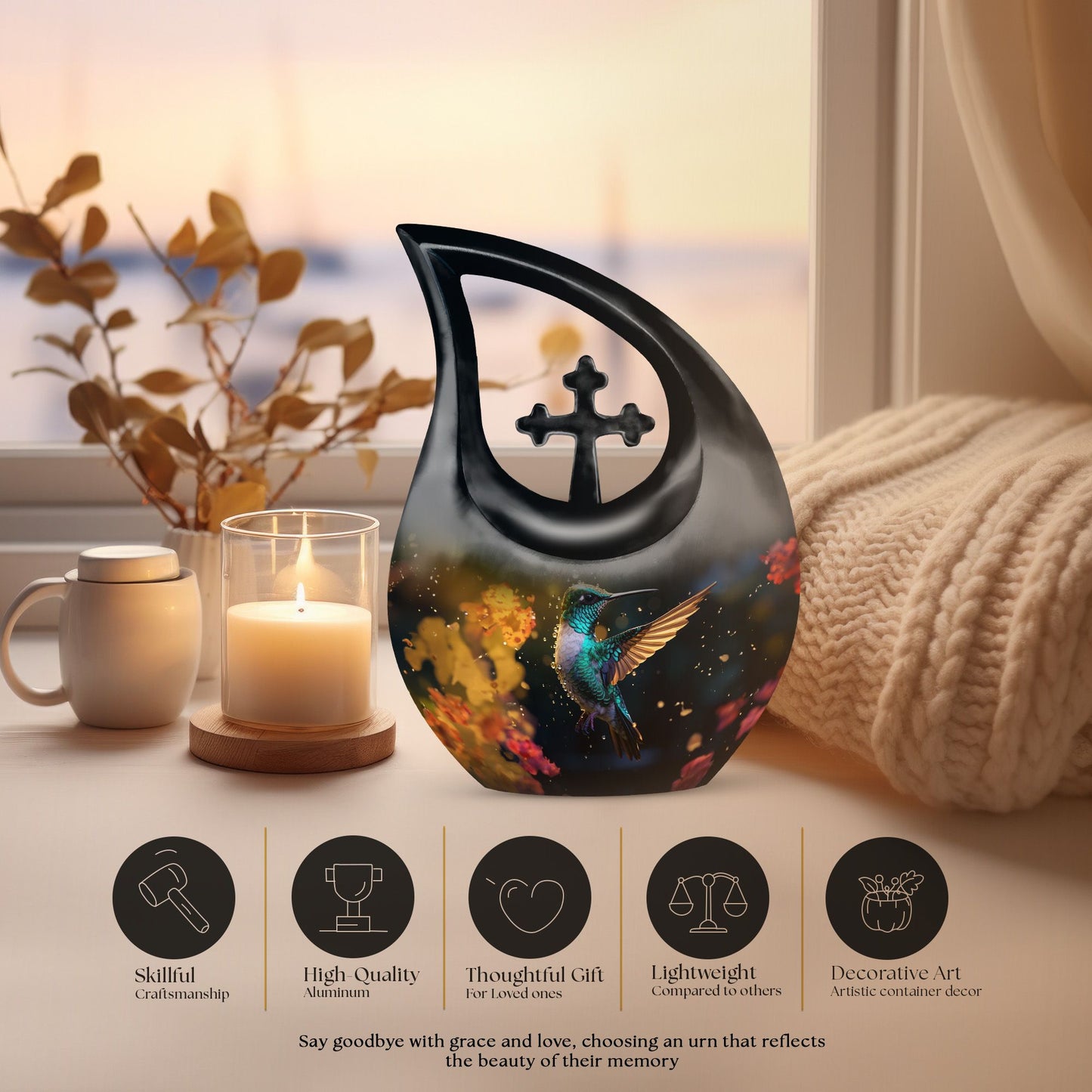 10-inch Humming Birds Double Urn with Cross Drop design, suitable for outdoor use