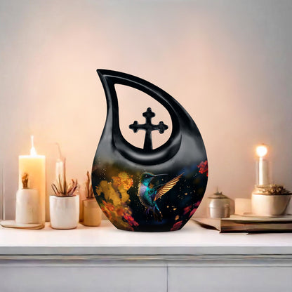 10-inch Humming Birds Double Urn with Cross Drop design, suitable for outdoor use