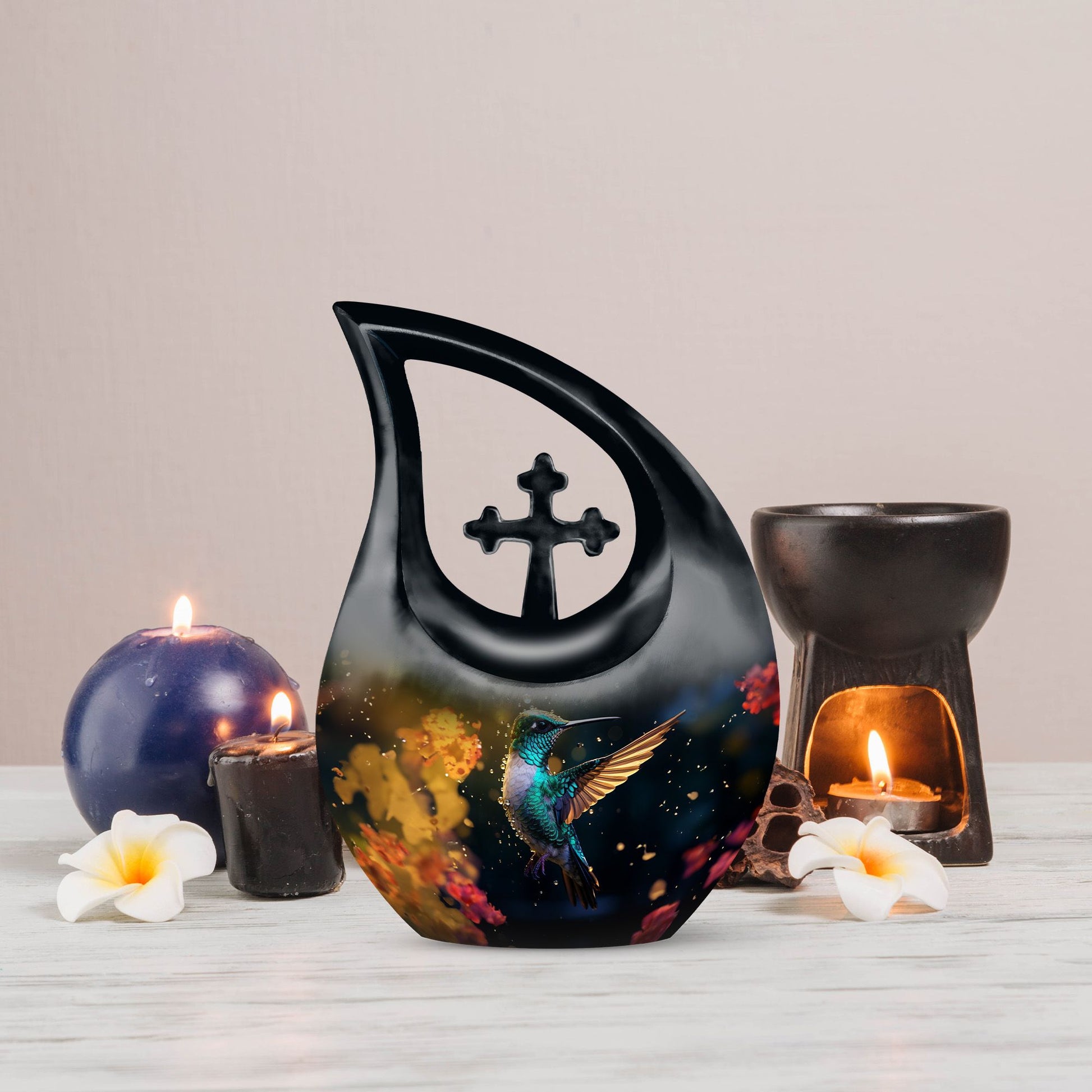 10-inch Humming Birds Double Urn with Cross Drop design, suitable for outdoor use