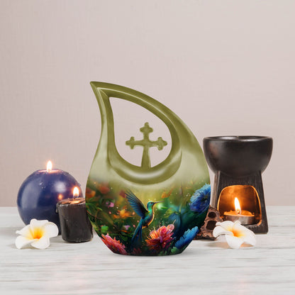 10-inch Cross Drop Design Humming Birds Urn, Cremation Urn for Human Ashes, Memorial Urn in Aluminum