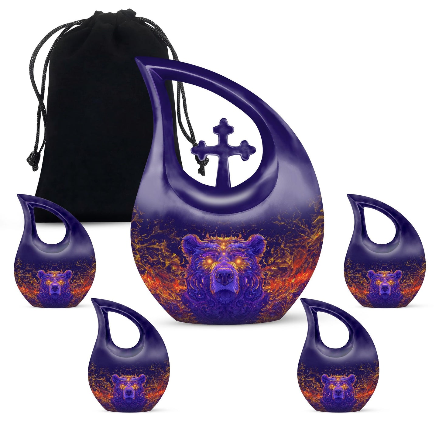 10 Inch Bear Urn with Cross Drop design for Cremated Remains, includes velvet pouch