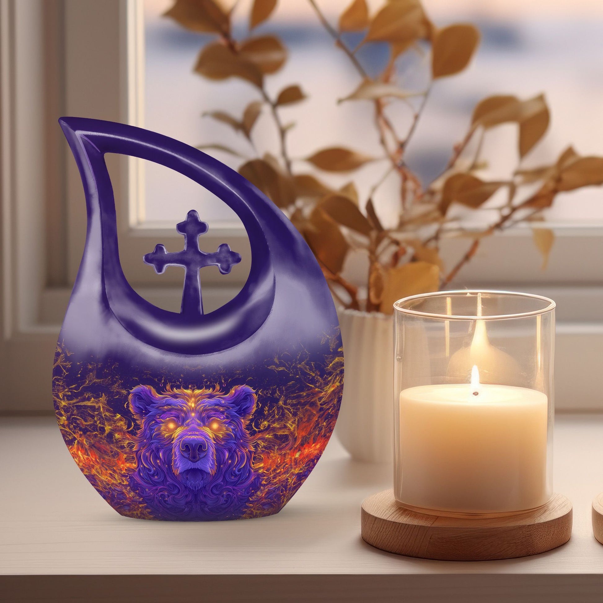 10 Inch Bear Urn with Cross Drop design for Cremated Remains, includes velvet pouch