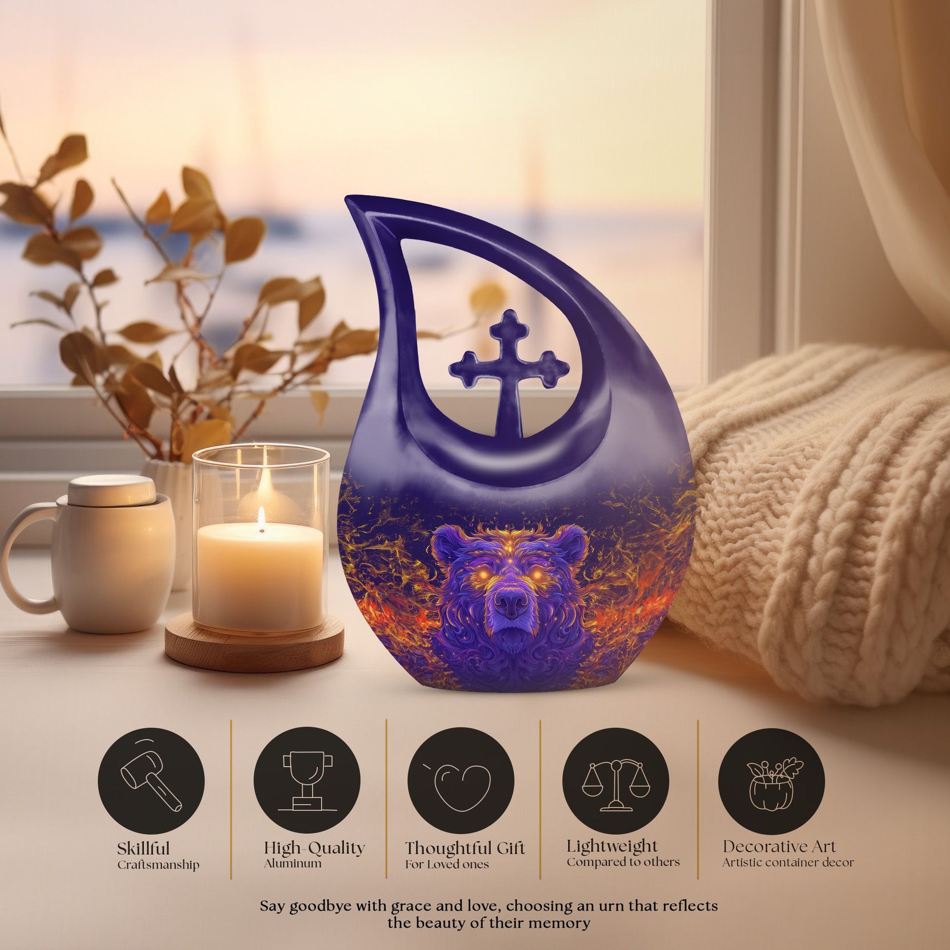 10 Inch Bear Urn with Cross Drop design for Cremated Remains, includes velvet pouch