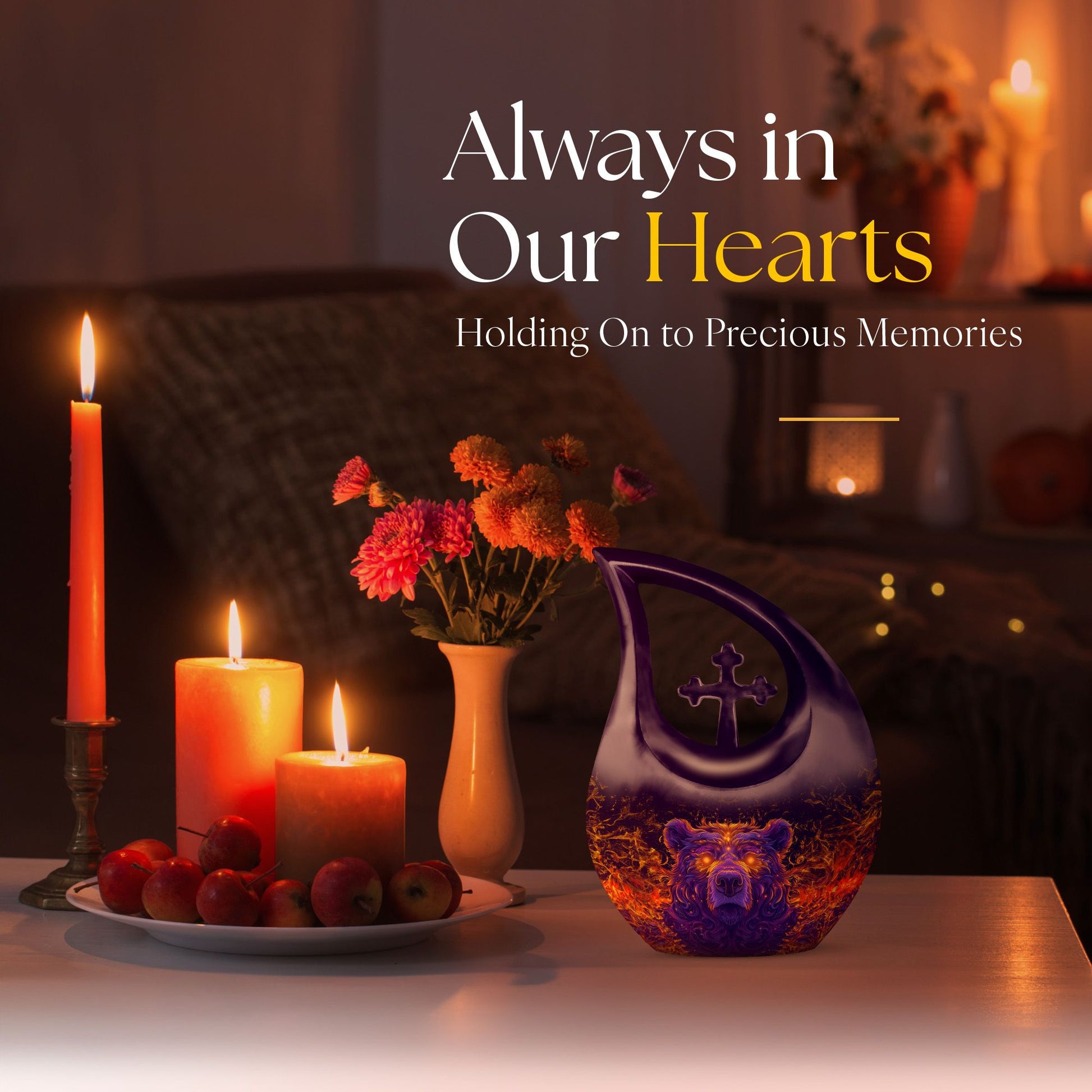 10 Inch Bear Urn with Cross Drop design for Cremated Remains, includes velvet pouch