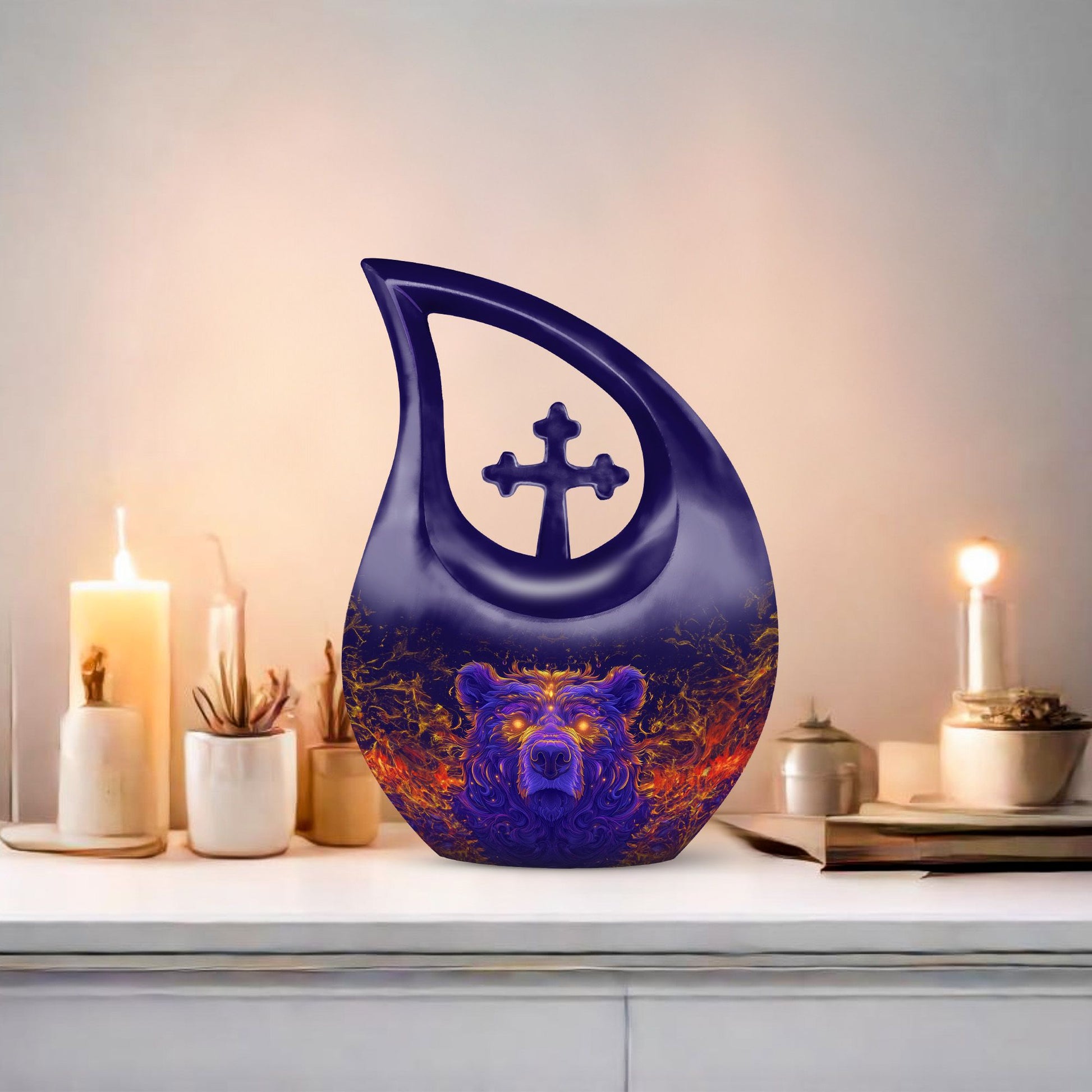 10 Inch Bear Urn with Cross Drop design for Cremated Remains, includes velvet pouch