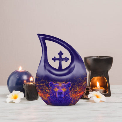 10 Inch Bear Urn with Cross Drop design for Cremated Remains, includes velvet pouch